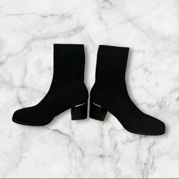Aldo Black Sock Boot Bootie 7 Preppy Academia Pull On Square Toe Stacked Heel - Picture 4 of 7